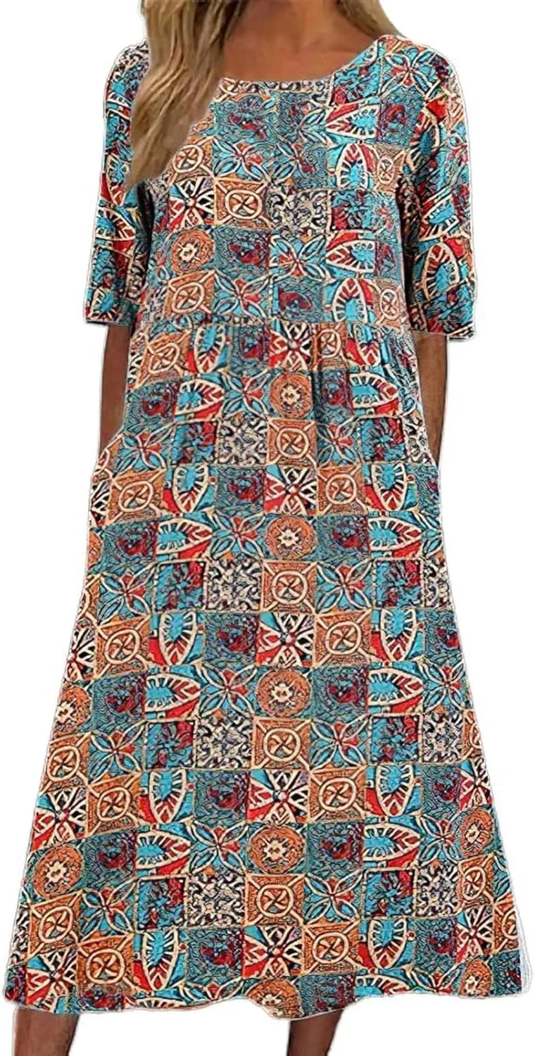 Summer Dresses for Women 2025 Crew Neck Short Sleeve Flowy Dress Loose Beach Casual Sundresses with Pockets