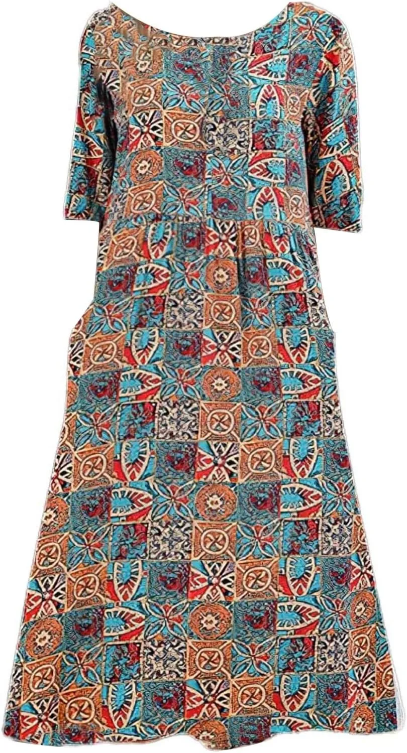 Summer Dresses for Women 2025 Crew Neck Short Sleeve Flowy Dress Loose Beach Casual Sundresses with Pockets