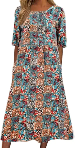 Summer Dresses for Women 2025 Crew Neck Short Sleeve Flowy Dress Loose Beach Casual Sundresses with Pockets