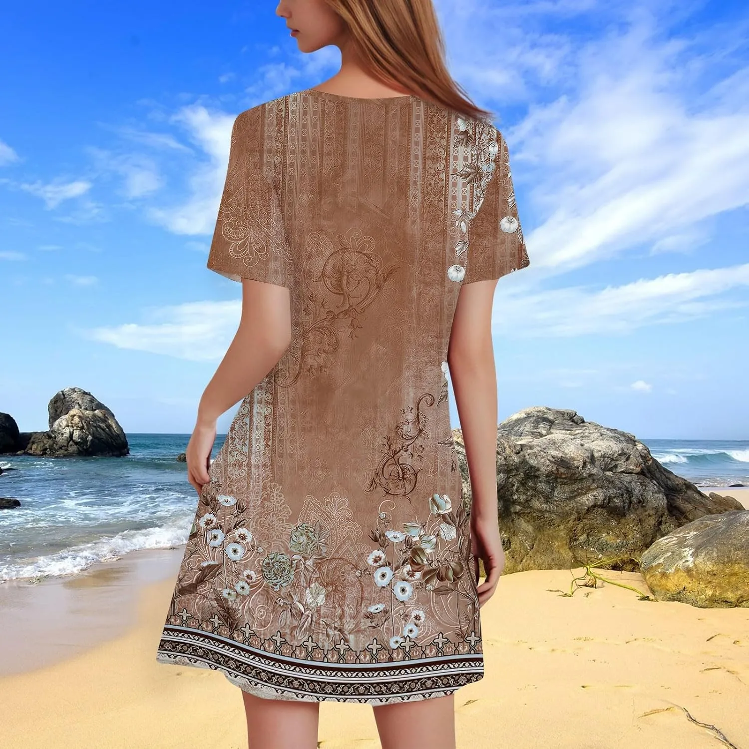 Summer Dresses for Women 2025 Loose Short Sleeve Dress Solid Beach Vacation Casual Sundresses T Shirt Dress