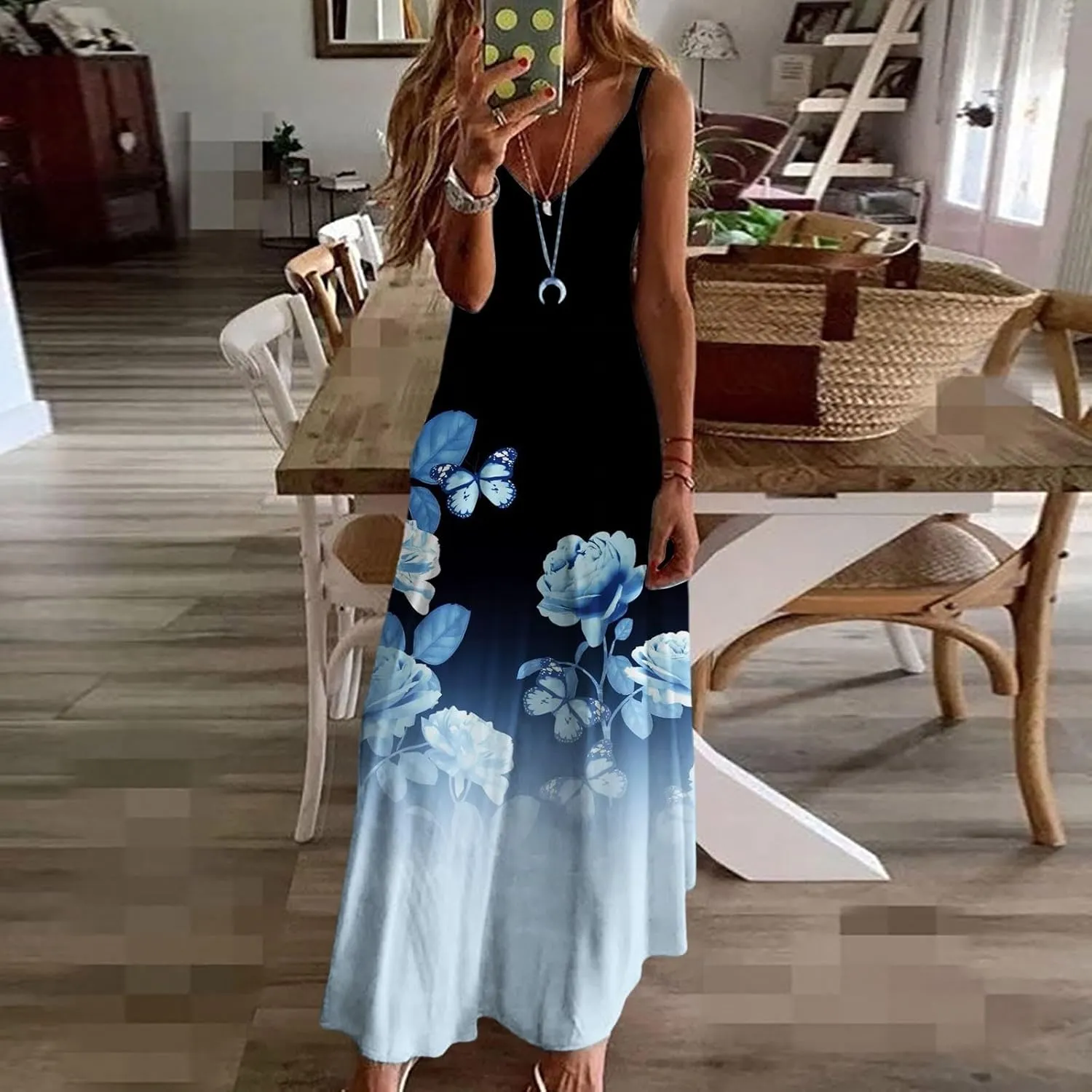 Summer Dresses for Women 2025 Loose V Neck Sleeveless Casual Sundresses Spaghetti Strap Loose Maxi Dress