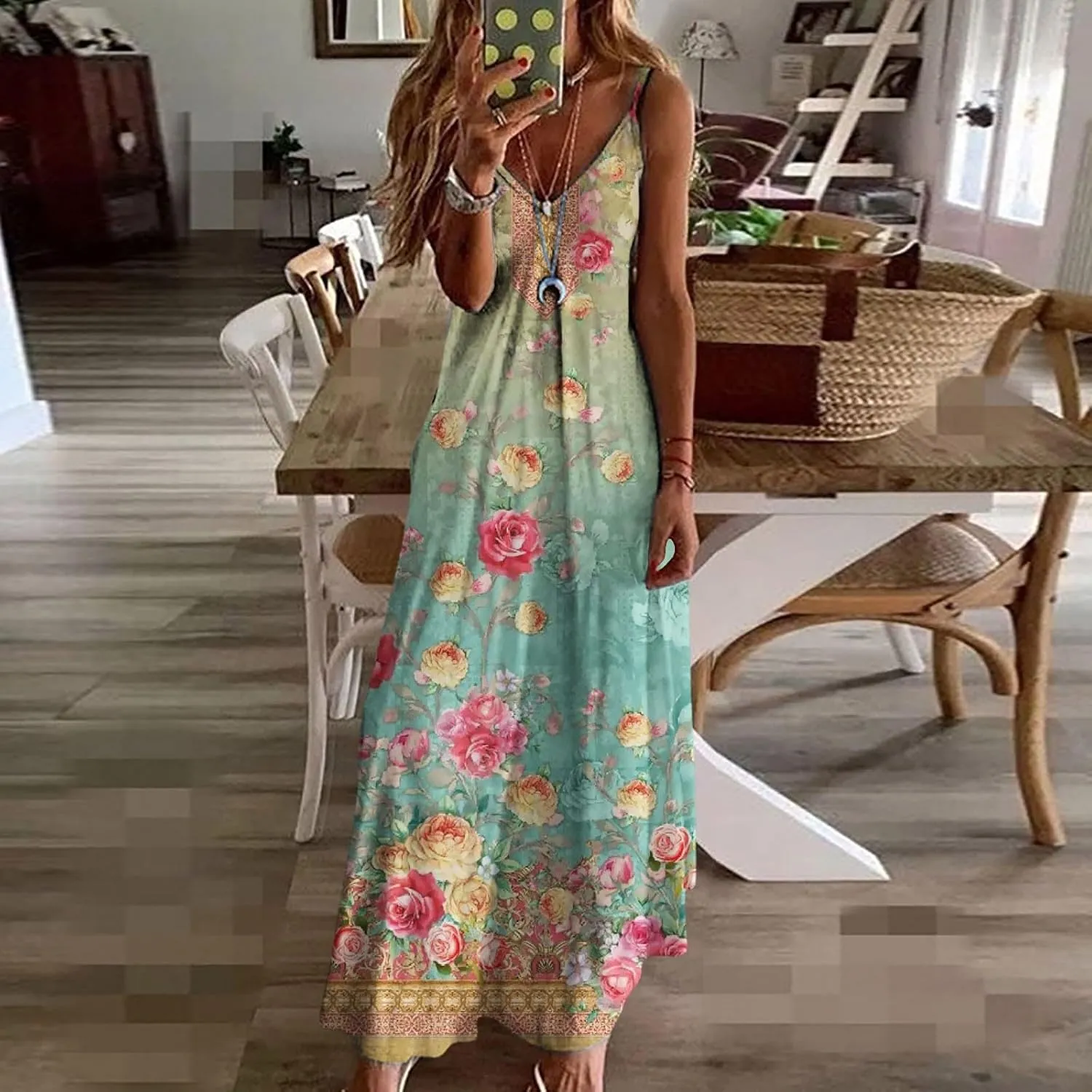 Summer Dresses for Women 2025 Loose V Neck Sleeveless Casual Sundresses Spaghetti Strap Loose Maxi Dress