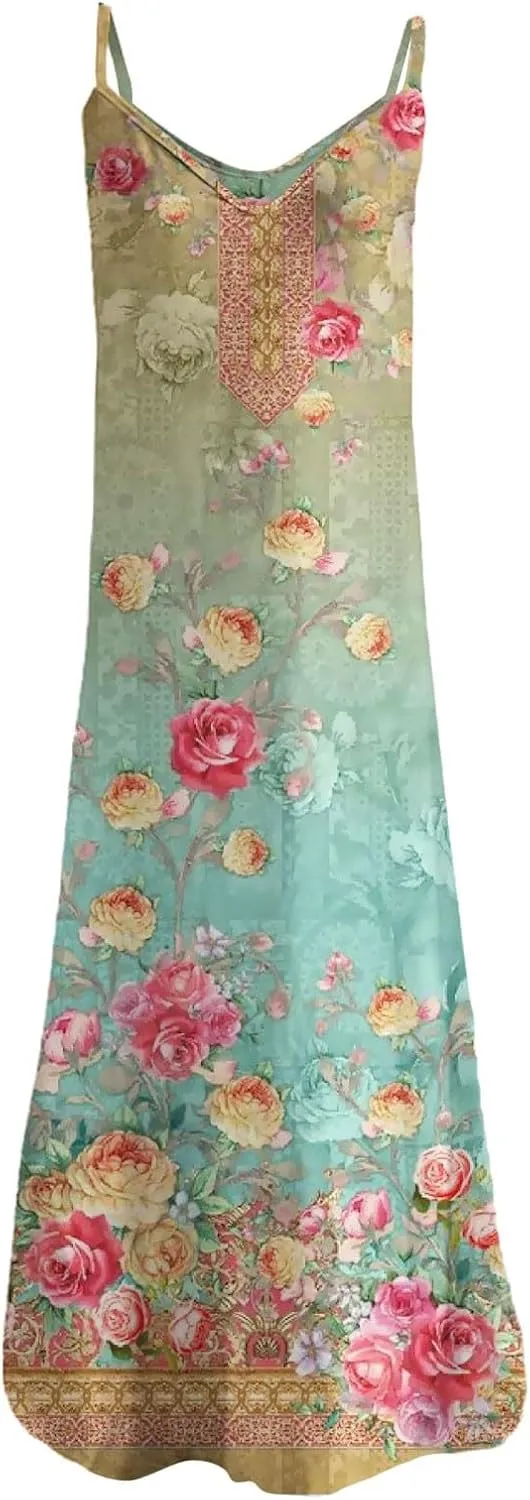 Summer Dresses for Women 2025 Loose V Neck Sleeveless Casual Sundresses Spaghetti Strap Loose Maxi Dress