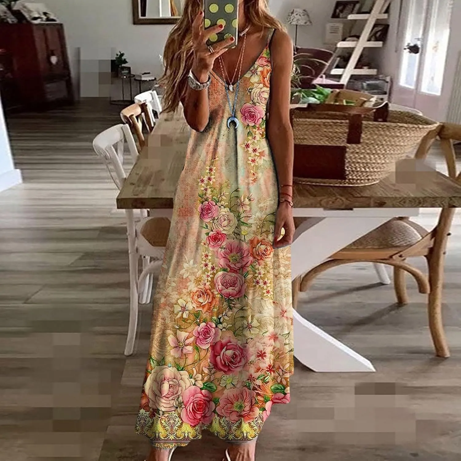 Summer Dresses for Women 2025 Loose V Neck Sleeveless Casual Sundresses Spaghetti Strap Loose Maxi Dress