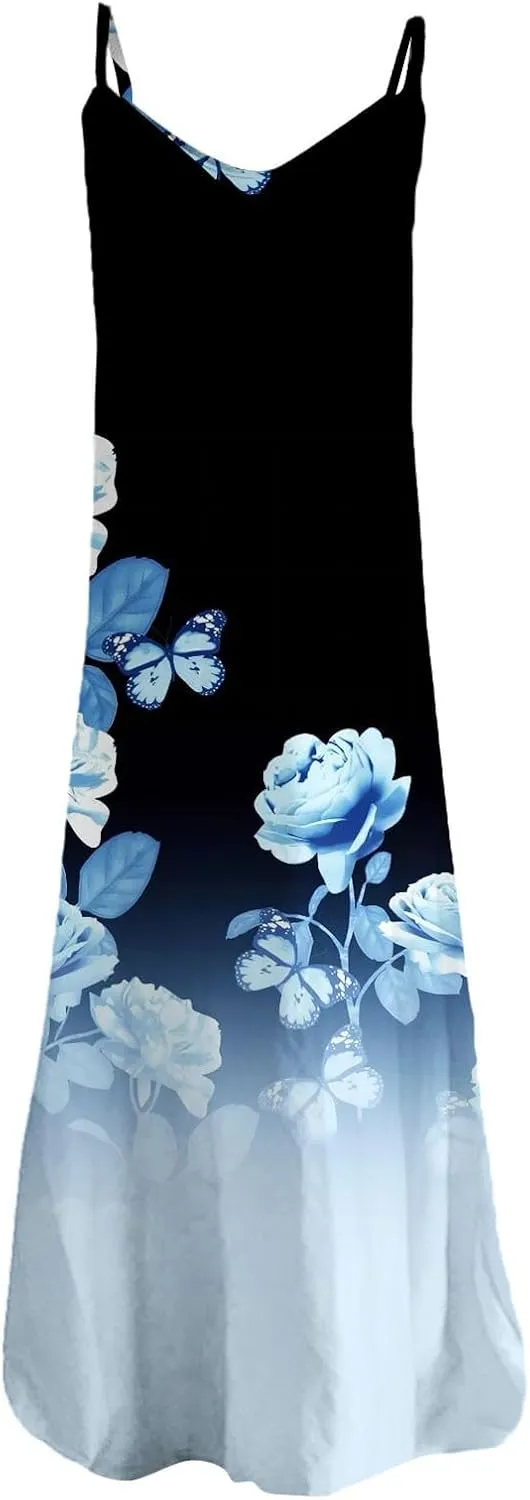 Summer Dresses for Women 2025 Loose V Neck Sleeveless Casual Sundresses Spaghetti Strap Loose Maxi Dress