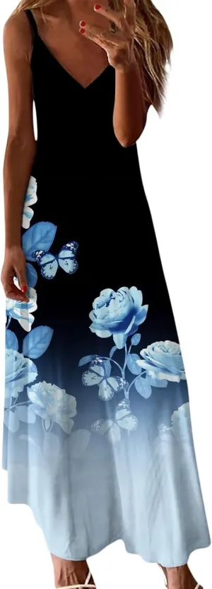 Summer Dresses for Women 2025 Loose V Neck Sleeveless Casual Sundresses Spaghetti Strap Loose Maxi Dress