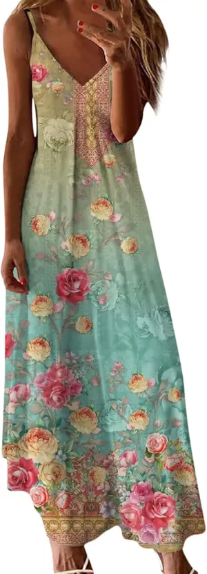 Summer Dresses for Women 2025 Loose V Neck Sleeveless Casual Sundresses Spaghetti Strap Loose Maxi Dress