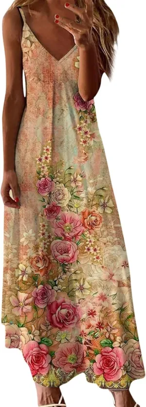 Summer Dresses for Women 2025 Loose V Neck Sleeveless Casual Sundresses Spaghetti Strap Loose Maxi Dress