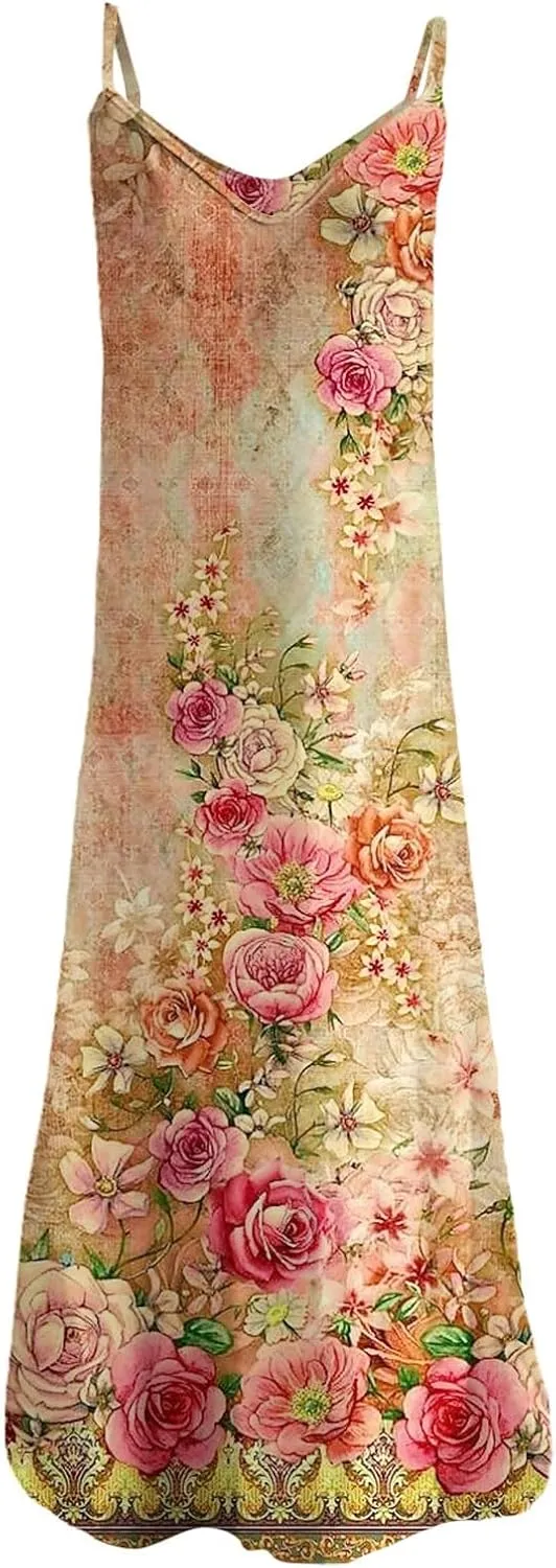 Summer Dresses for Women 2025 Loose V Neck Sleeveless Casual Sundresses Spaghetti Strap Loose Maxi Dress