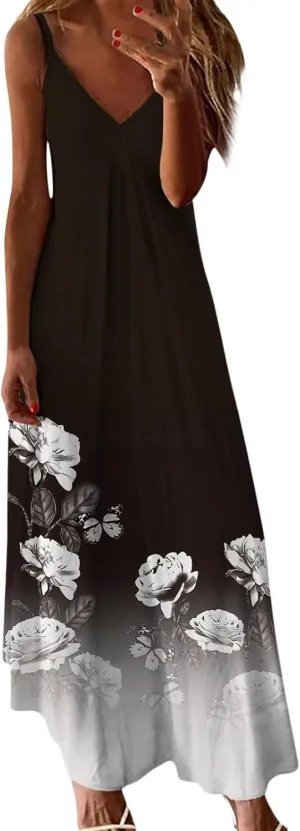 Summer Dresses for Women 2025 Loose V Neck Sleeveless Casual Sundresses Spaghetti Strap Loose Maxi Dress