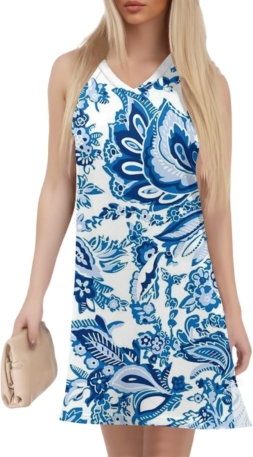 Summer Dresses for Women 2025 Sleeveless Beach T Shirt Dresses Casual Sundresses Loose Floral Tank Dress with Split
