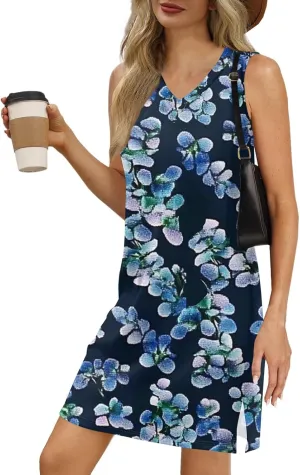 Summer Dresses for Women 2025 Sleeveless Beach T Shirt Dresses Casual Sundresses Loose Floral Tank Dress with Split
