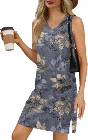 Summer Dresses for Women 2025 Sleeveless Beach T Shirt Dresses Casual Sundresses Loose Floral Tank Dress with Split
