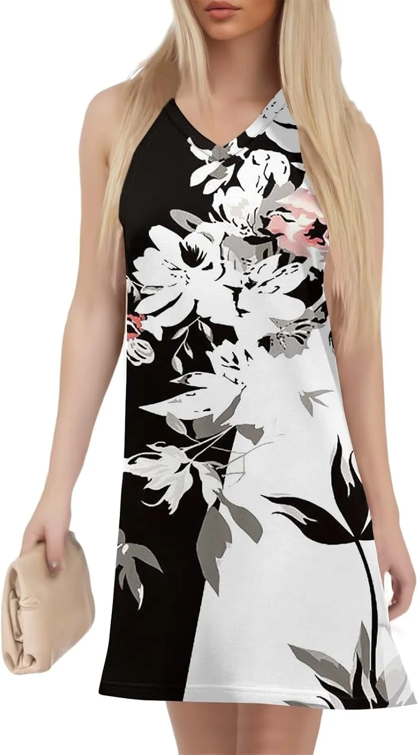 Summer Dresses for Women 2025 Sleeveless Beach T Shirt Dresses Casual Sundresses Loose Floral Tank Dress with Split