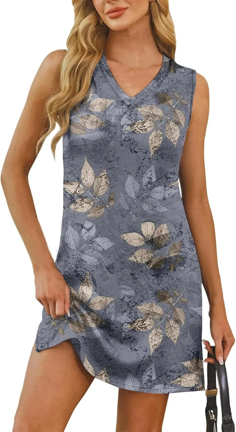 Summer Dresses for Women 2025 Sleeveless Beach T Shirt Dresses Casual Sundresses Loose Floral Tank Dress with Split