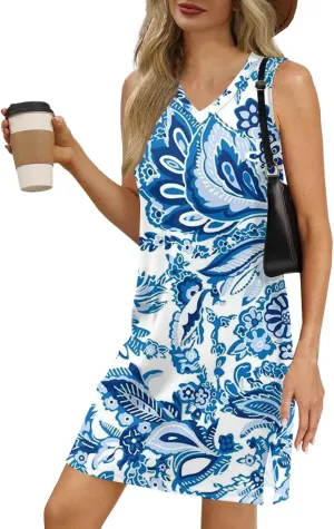 Summer Dresses for Women 2025 Sleeveless Beach T Shirt Dresses Casual Sundresses Loose Floral Tank Dress with Split