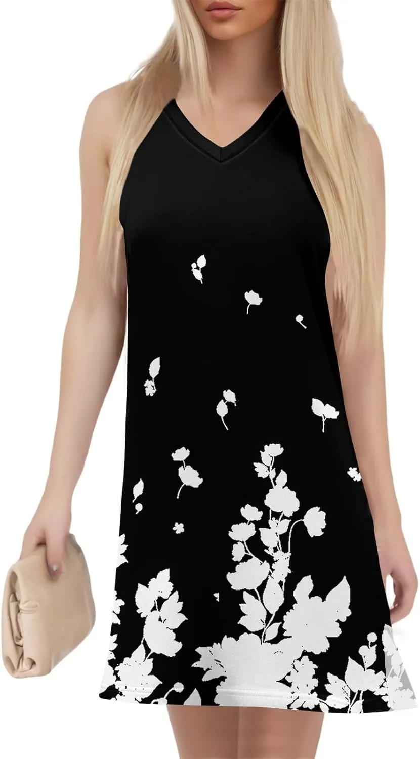 Summer Dresses for Women 2025 Sleeveless Floral Tank Dress Casual Sundresses Loose Beach T Shirt Dresses with Split