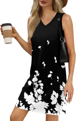 Summer Dresses for Women 2025 Sleeveless Floral Tank Dress Casual Sundresses Loose Beach T Shirt Dresses with Split