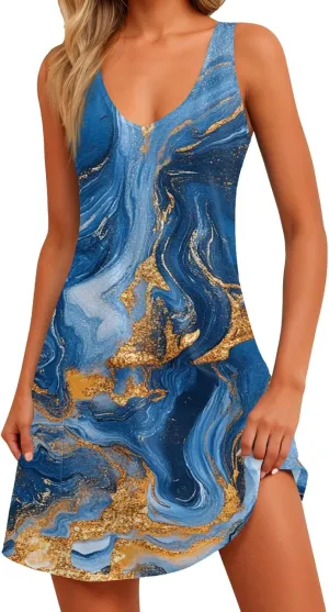 Summer Dresses for Women Sleeveless V Neck Swimsuit Coverup 2025 Casual Dress with Pocket Printed Vacation Sundress