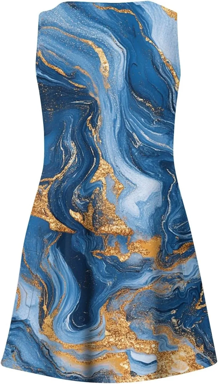 Summer Dresses for Women Sleeveless V Neck Swimsuit Coverup 2025 Casual Dress with Pocket Printed Vacation Sundress