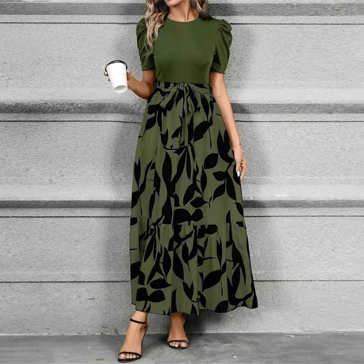 Summer Dresses Women 2025 Short Sleeve Floral Print Wrap Maxi Dress Patchwork Ruffle Hem A Line Dresses