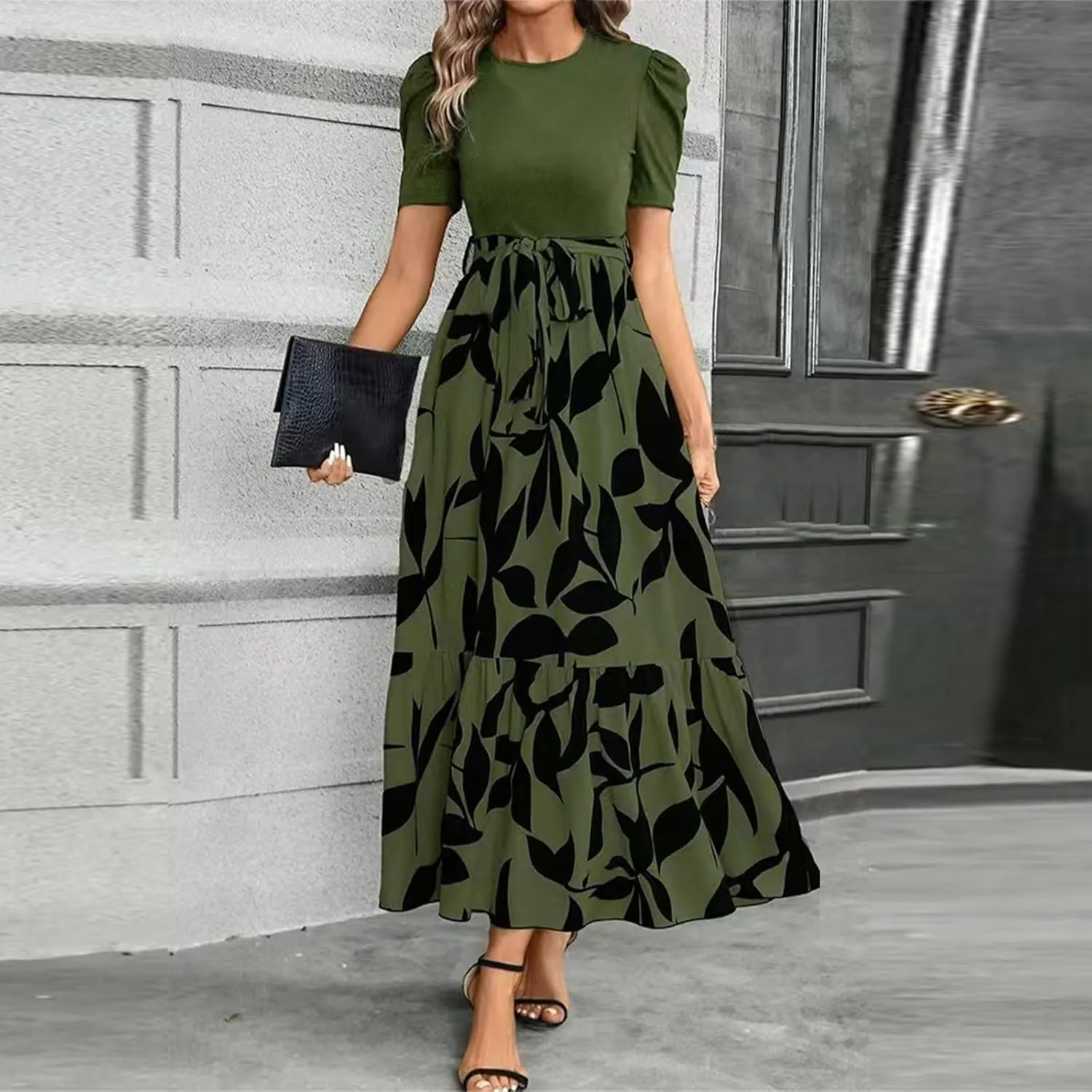 Summer Dresses Women 2025 Short Sleeve Floral Print Wrap Maxi Dress Patchwork Ruffle Hem A Line Dresses