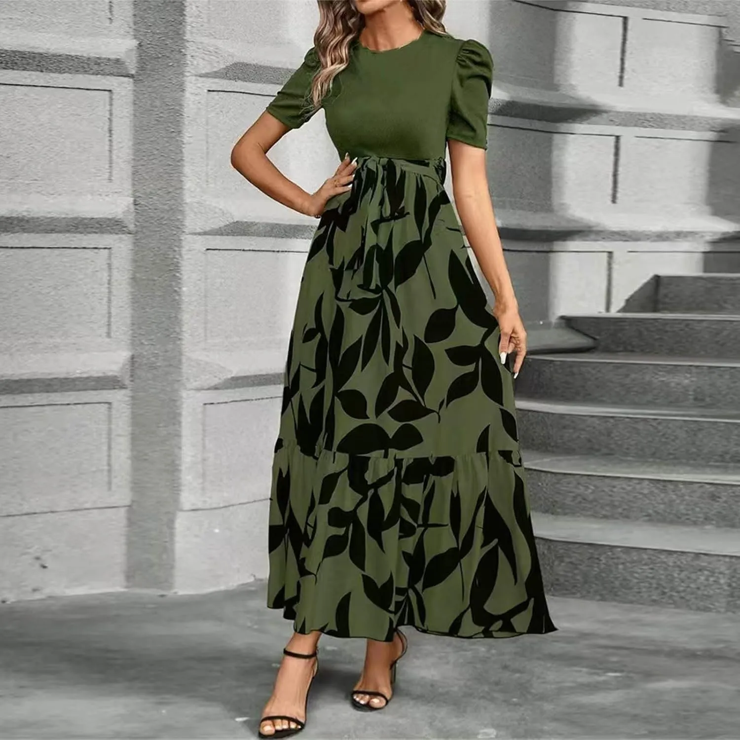 Summer Dresses Women 2025 Short Sleeve Floral Print Wrap Maxi Dress Patchwork Ruffle Hem A Line Dresses