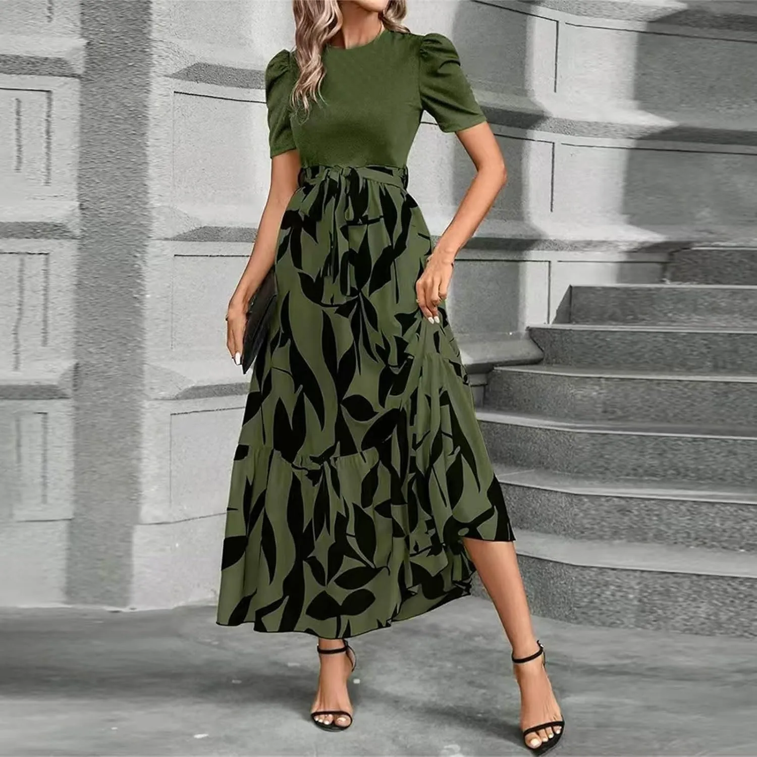 Summer Dresses Women 2025 Short Sleeve Floral Print Wrap Maxi Dress Patchwork Ruffle Hem A Line Dresses