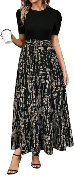 Summer Dresses Women 2025 Short Sleeve Floral Print Wrap Maxi Dress Patchwork Ruffle Hem A Line Dresses