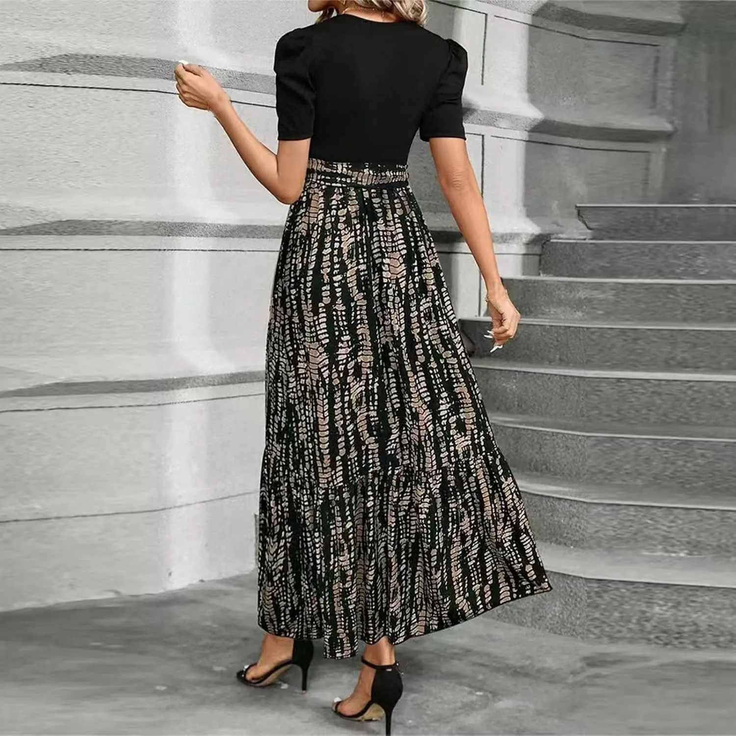 Summer Dresses Women 2025 Short Sleeve Floral Print Wrap Maxi Dress Patchwork Ruffle Hem A Line Dresses