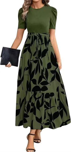Summer Dresses Women 2025 Short Sleeve Floral Print Wrap Maxi Dress Patchwork Ruffle Hem A Line Dresses