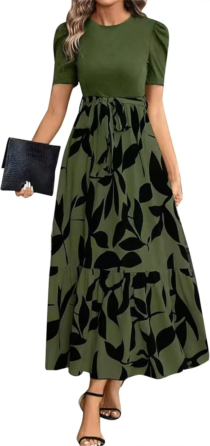 Summer Dresses Women 2025 Short Sleeve Floral Print Wrap Maxi Dress Patchwork Ruffle Hem A Line Dresses