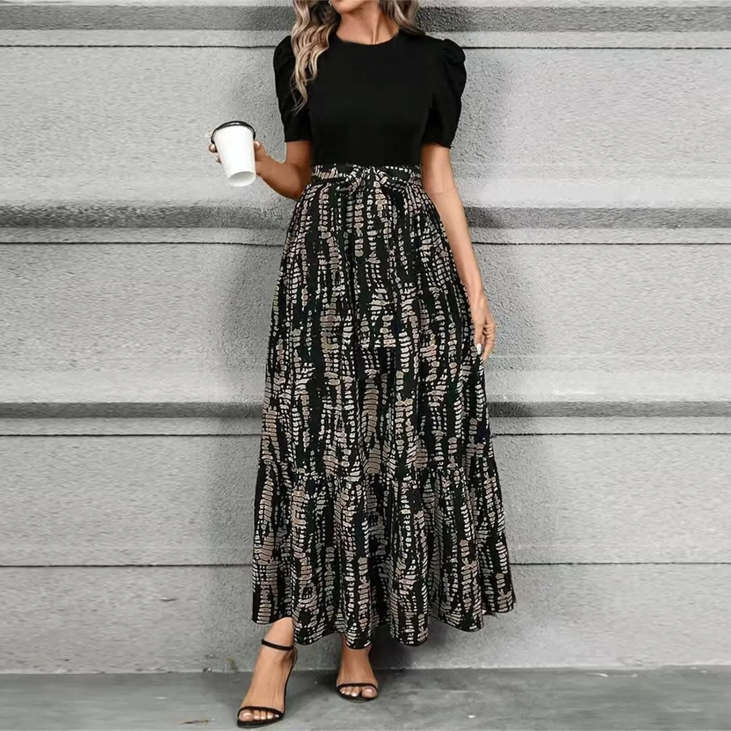 Summer Dresses Women 2025 Short Sleeve Floral Print Wrap Maxi Dress Patchwork Ruffle Hem A Line Dresses