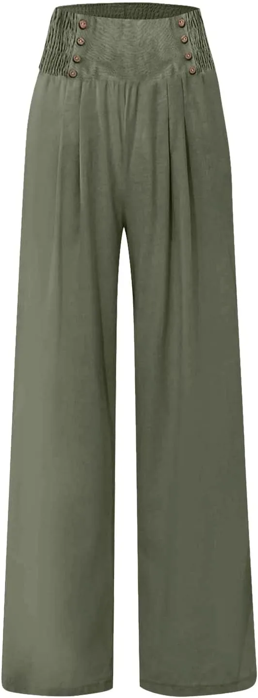 Summer Linen Pants for Women Comfy Smocked High Waist Wide Leg Pants Casual Flowy Palazzo Beach Pants with Pockets
