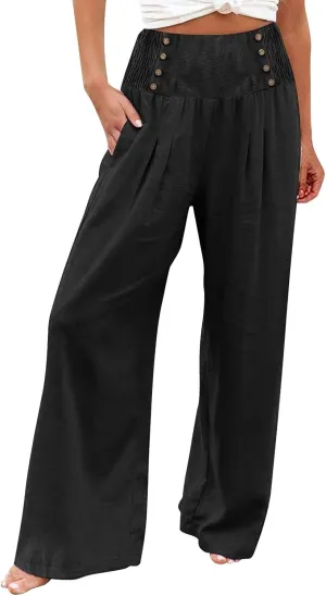 Summer Linen Pants for Women Comfy Smocked High Waist Wide Leg Pants Casual Flowy Palazzo Beach Pants with Pockets