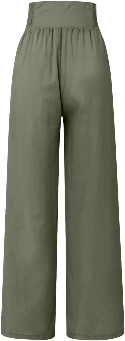 Summer Linen Pants for Women Comfy Smocked High Waist Wide Leg Pants Casual Flowy Palazzo Beach Pants with Pockets