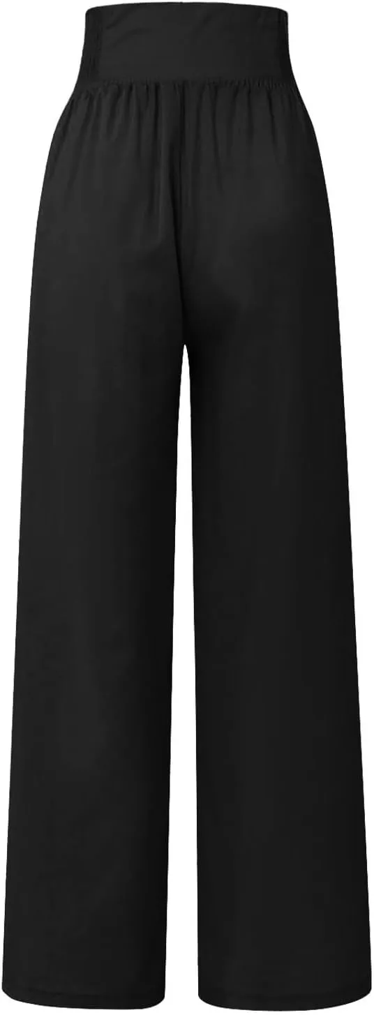 Summer Linen Pants for Women Comfy Smocked High Waist Wide Leg Pants Casual Flowy Palazzo Beach Pants with Pockets