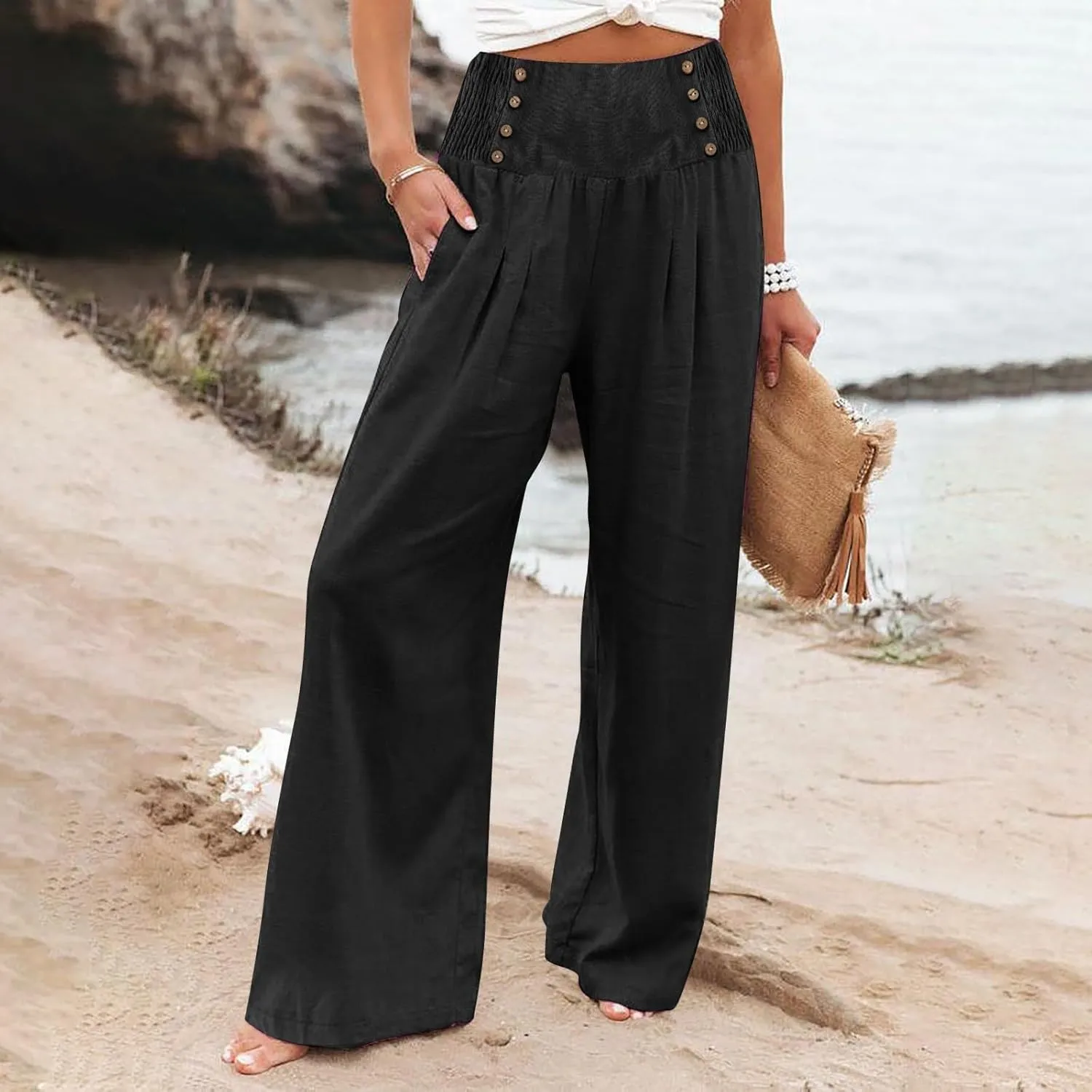 Summer Linen Pants for Women Comfy Smocked High Waist Wide Leg Pants Casual Flowy Palazzo Beach Pants with Pockets
