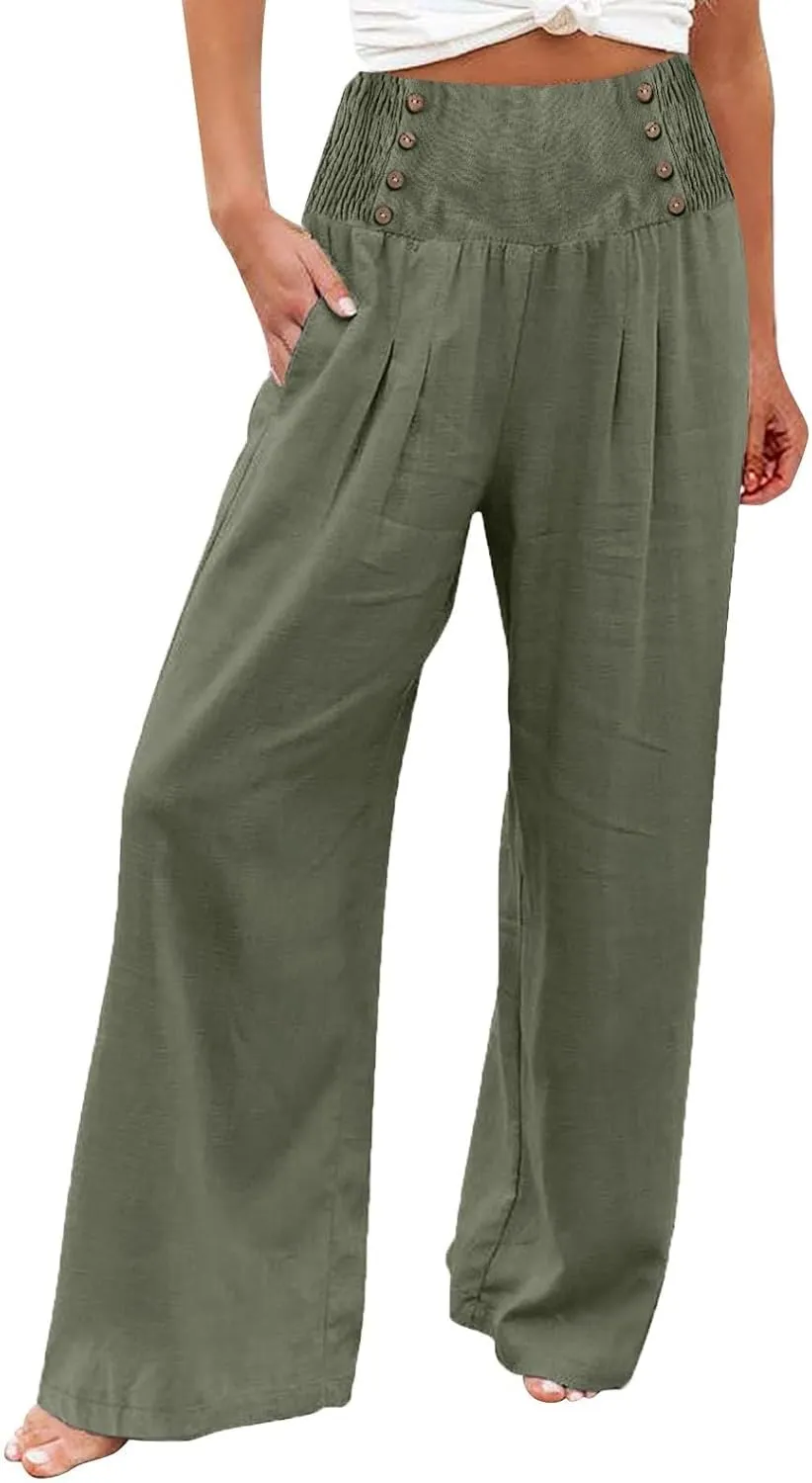 Summer Linen Pants for Women Comfy Smocked High Waist Wide Leg Pants Casual Flowy Palazzo Beach Pants with Pockets