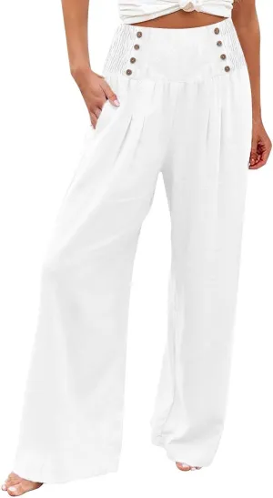 Summer Linen Pants for Women Comfy Smocked High Waist Wide Leg Pants Casual Flowy Palazzo Beach Pants with Pockets