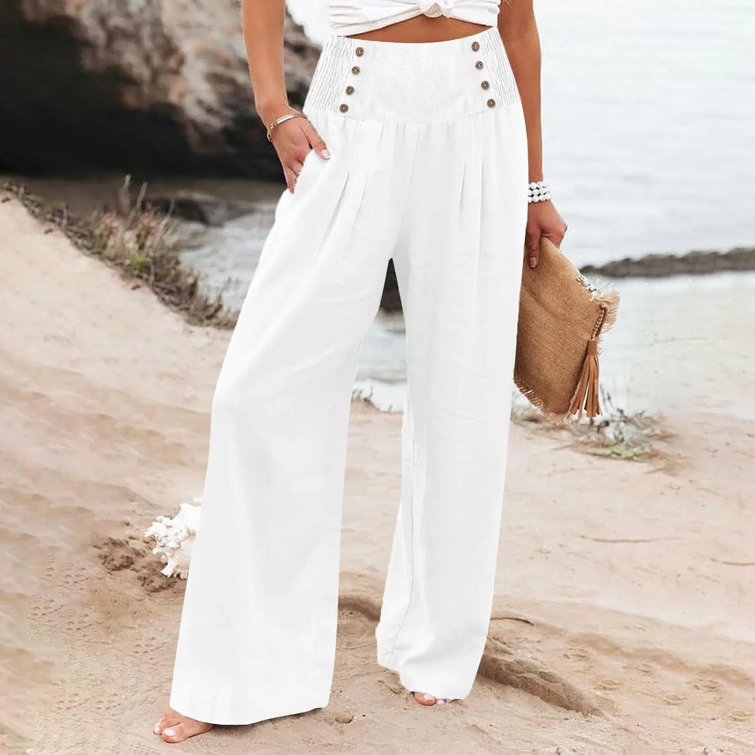 Summer Linen Pants for Women Comfy Smocked High Waist Wide Leg Pants Casual Flowy Palazzo Beach Pants with Pockets