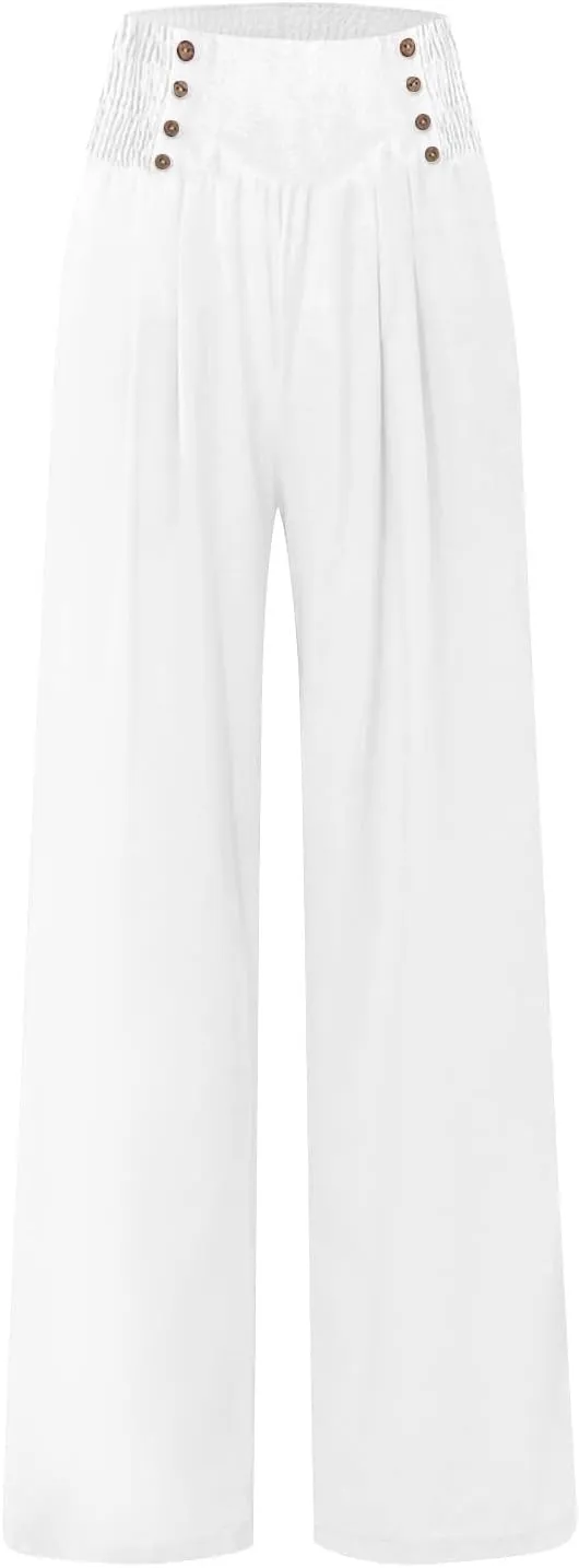 Summer Linen Pants for Women Comfy Smocked High Waist Wide Leg Pants Casual Flowy Palazzo Beach Pants with Pockets