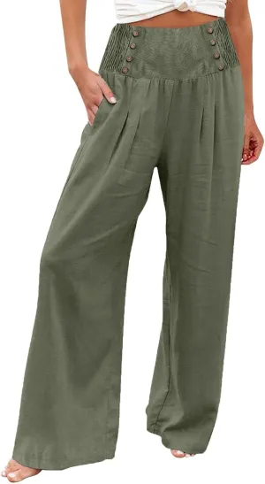 Summer Linen Pants for Women Comfy Smocked High Waist Wide Leg Pants Casual Flowy Palazzo Beach Pants with Pockets