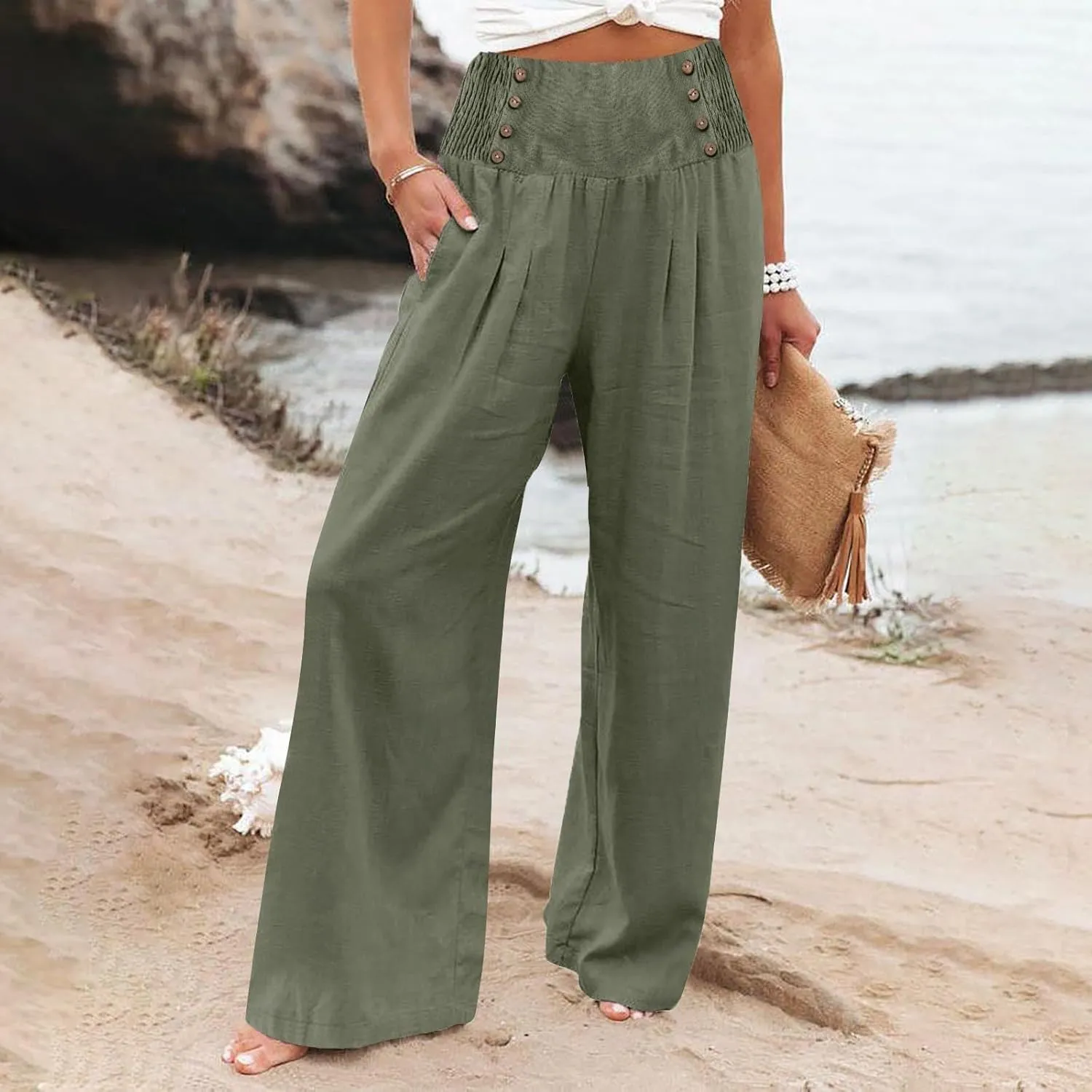 Summer Linen Pants for Women Comfy Smocked High Waist Wide Leg Pants Casual Flowy Palazzo Beach Pants with Pockets