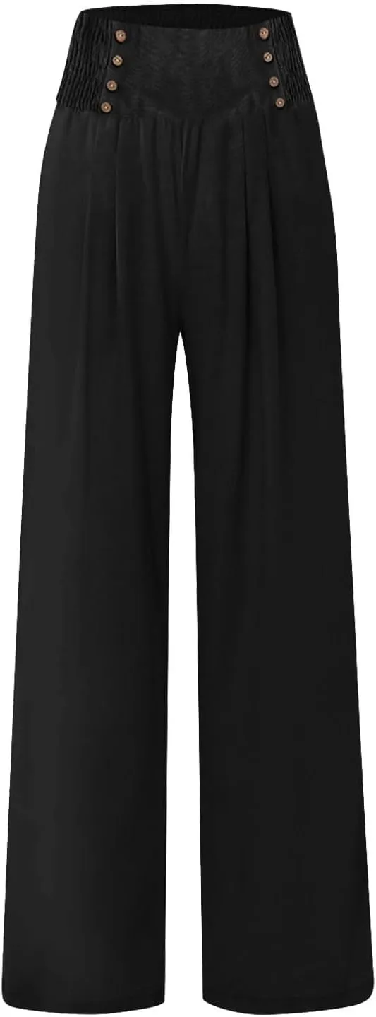 Summer Linen Pants for Women Comfy Smocked High Waist Wide Leg Pants Casual Flowy Palazzo Beach Pants with Pockets