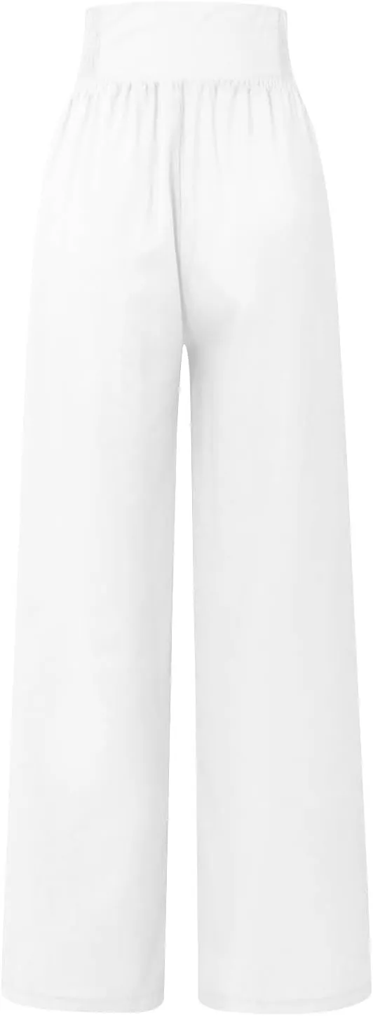 Summer Linen Pants for Women Comfy Smocked High Waist Wide Leg Pants Casual Flowy Palazzo Beach Pants with Pockets