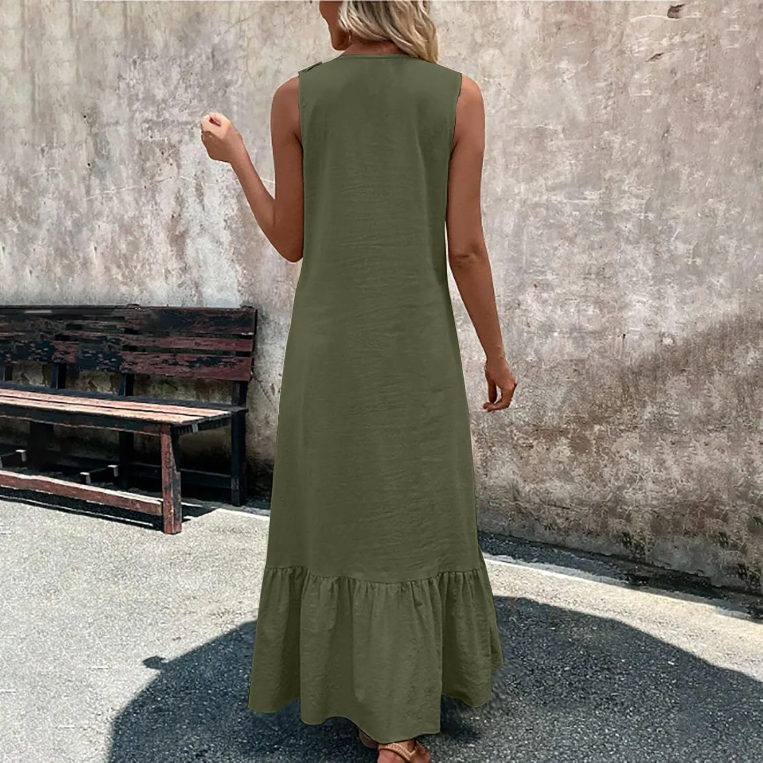Summer Maxi Boho Sundress for Women Sleeveless Ruffle Swing Dress Casual V Neck Ankle Length A Line Dresses