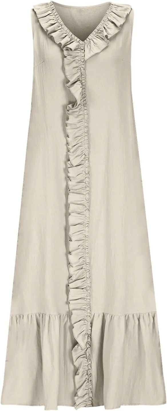 Summer Maxi Boho Sundress for Women Sleeveless Ruffle Swing Dress Casual V Neck Ankle Length A Line Dresses