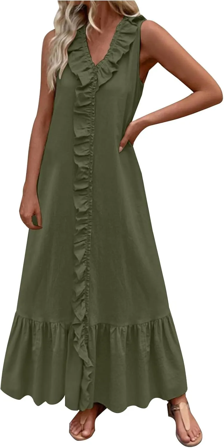 Summer Maxi Boho Sundress for Women Sleeveless Ruffle Swing Dress Casual V Neck Ankle Length A Line Dresses
