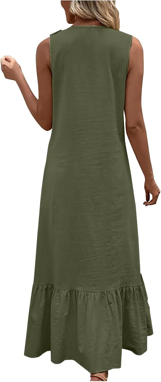 Summer Maxi Boho Sundress for Women Sleeveless Ruffle Swing Dress Casual V Neck Ankle Length A Line Dresses